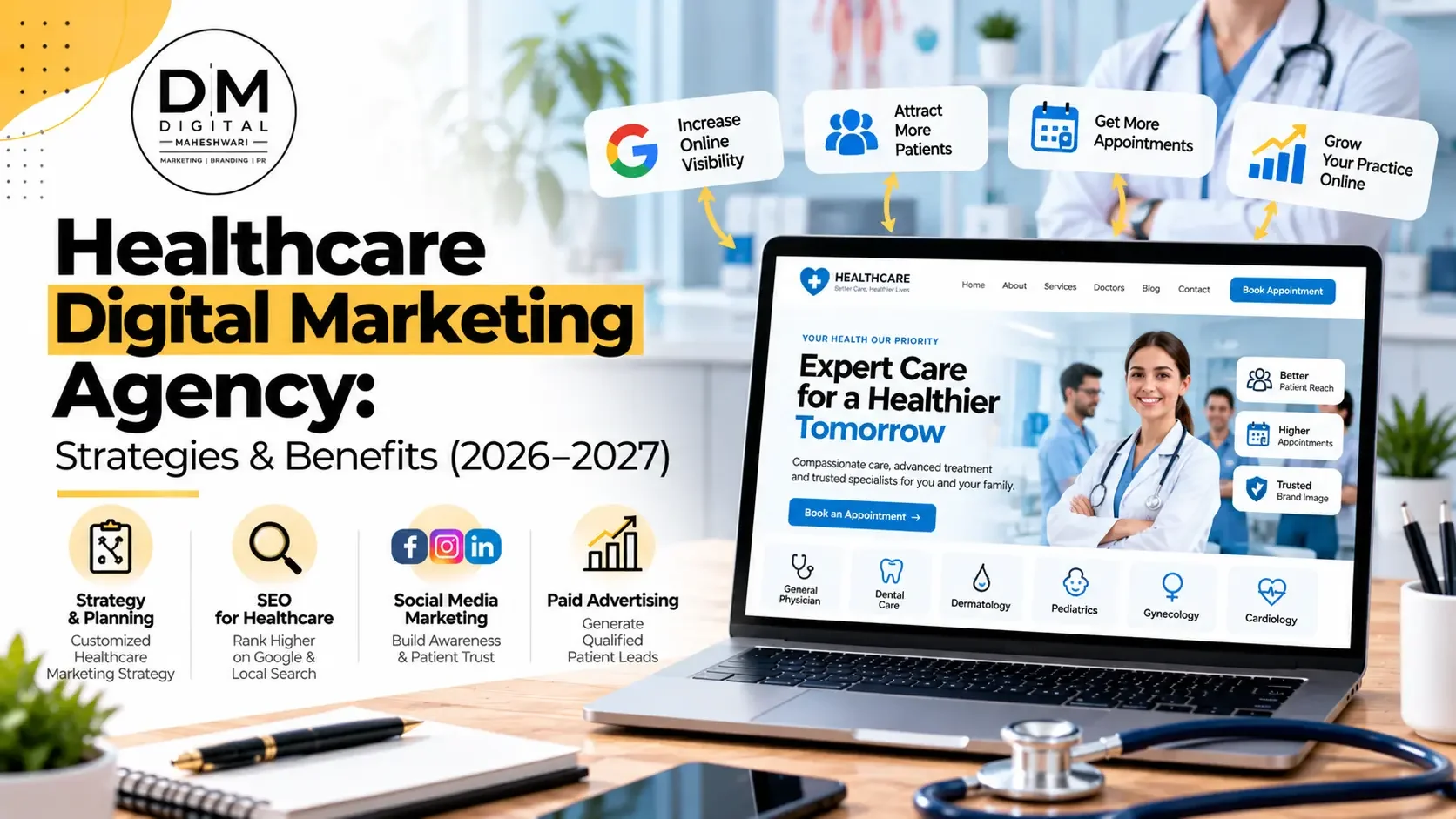 Healthcare digital marketing strategy featuring a medical website, search visibility and online communication.